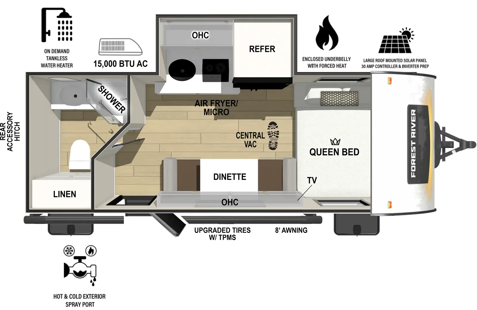 The RP-180 has one slideout and one entry. Exterior features upgraded tires with TPMS, hot and cold spray port,  8 foot awning, rear accessory hitch, on demand tankless water heater, 15,000 BTU air conditioner, enclosed underbelly with forced heat, and large roof mounted solar panel 30 amp controller & inverter prep. Interior layout front to back: side-facing queen bed; off-door side slideout with refrigerator, kitchen counter with convection microwave, cooktop, sink, and overhead cabinet; door side dinette with overhead cabinet, TV, central vacuum, and entry door; rear full bathroom with linen closet, and night light.